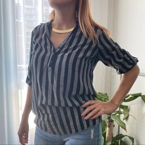 Brody Myles Grey And Black Vertical Stripes V Neck Top Size Small